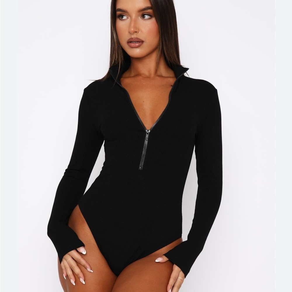 White Fox Black Zipper ribbed Bodysuit